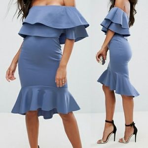 Blue bodycon midi double ruffle pephem dress